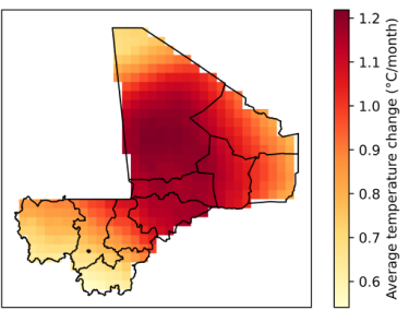 Geographically explicit air temperature projections for Mali for different GHG emissions scenarios, as compared to the year 2000 Air temperature map